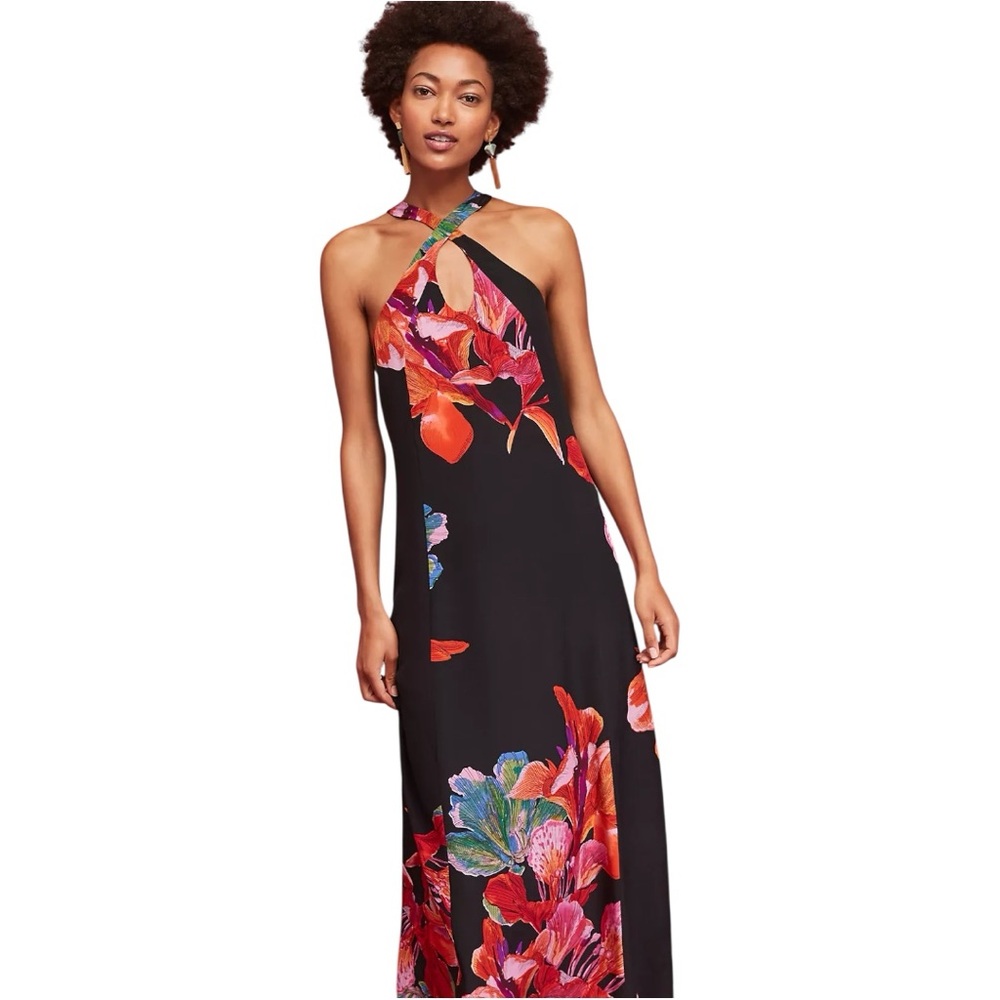 Maeve Cayman Silk‎ Maxi Dress Halter Floral Black Multicolour Women’s Small